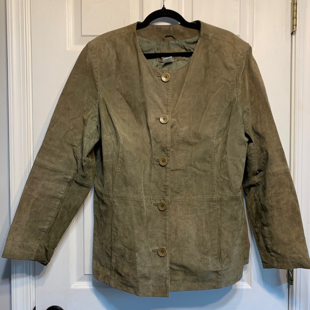 Y2K Coldwater Creek Leather Suede Jacket XL Olive Green Collarless Button Front